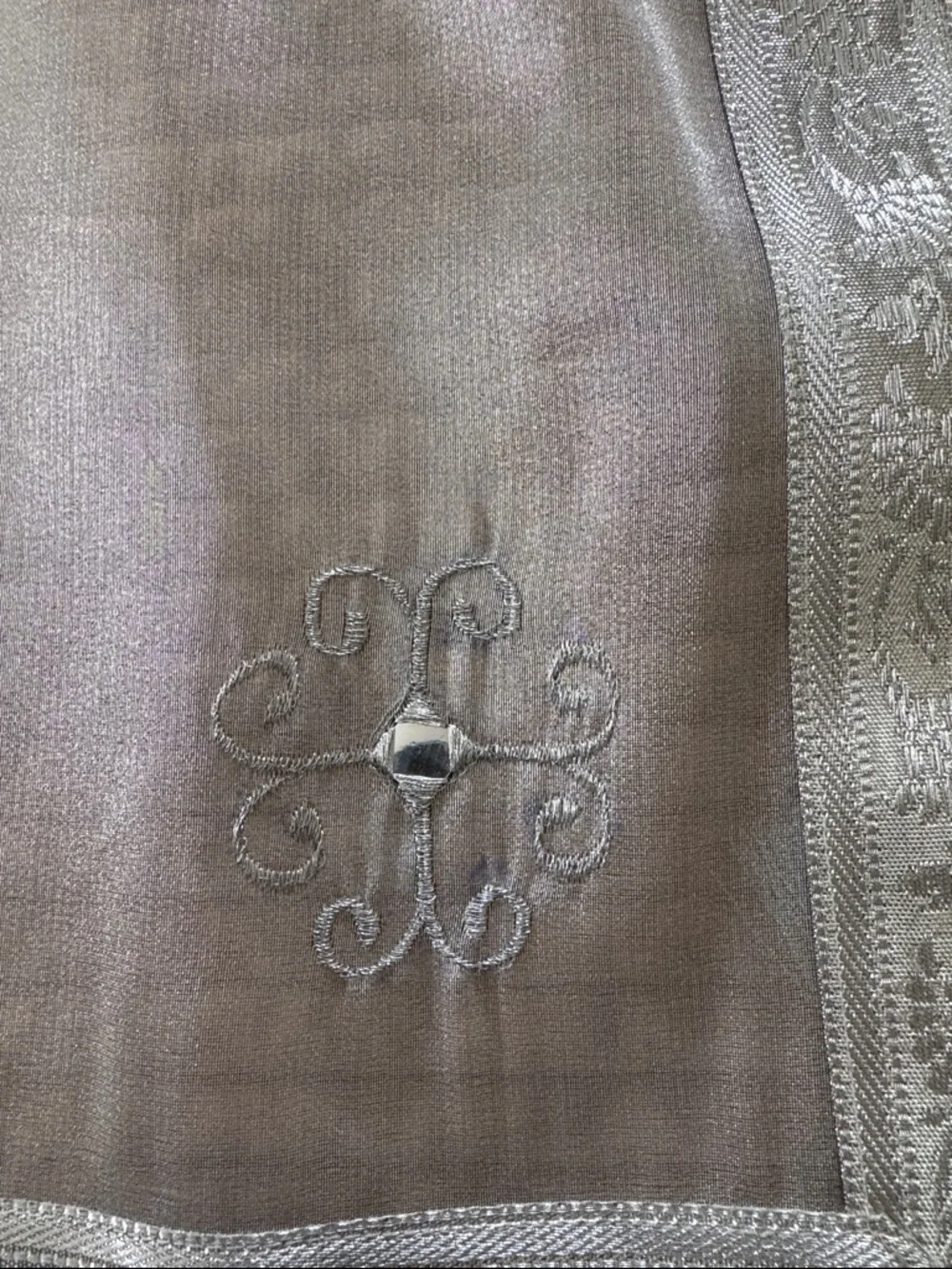 Fancy Silver Embroidered Square Table Topper NWOT